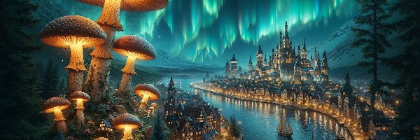 AI, Zorza polarna, Grzyby, Rzeka, Fantasy, Domy, Zamek