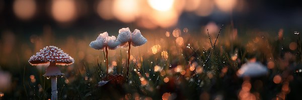 Grzyby, Bokeh, Muchomor, Grafika AI, Trawa