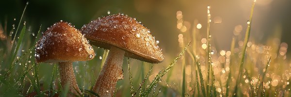 AI, Brązowe, Grzyby, Borowiki, Podgrzybki, Grafika, Trawa