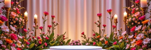 Świeczniki, Kolorowe, Kwiaty, Świece, Kotara, Podium