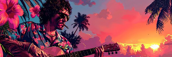 Mężczyzna, Morze, Gitara, Grafika AI, Zachód słońca