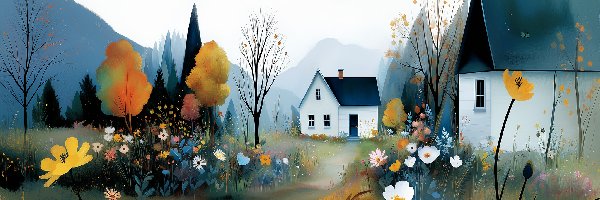 Grafika, Kwiaty, Drzewa, AI, Domy, Białe
