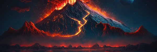 Ogień, Krater, AI, Księżyc, Erupcja, Lawa, Noc, Wulkan