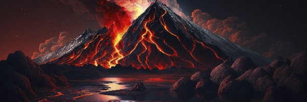 AI, Erupcja, Dym, Wulkan, Noc, Woda, Ogień