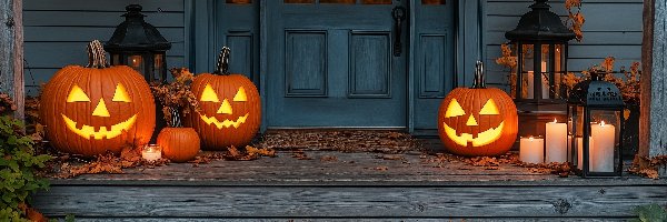 Halloween, Dynie, Świece, Drzwi, Dom, Jesień, Liście
