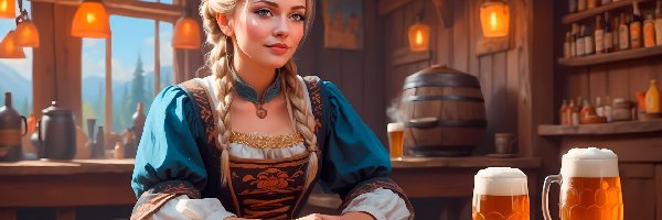 AI, Warkocze, Karczma, Blondynka, Kobieta, Kufle, Piwo