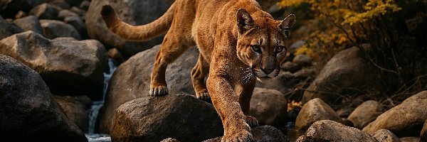 Strumień, Kamienie, Rzeka, Grafika AI, Puma, Las