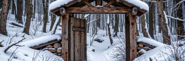 Drzewa, Śnieg, AI, Drzwi, Las, Zadaszenie, Brama, Zima
