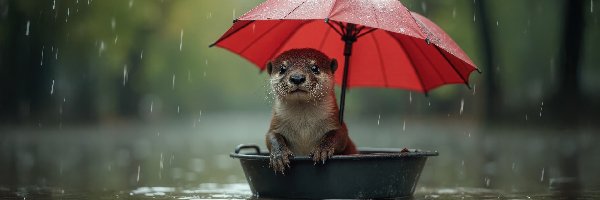 Wydra, Deszcz, Parasol, Miska, Rzeka