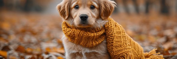 AI, Golden retriever, Szalik, Szczeniak, Pies, Liście, Wełniany