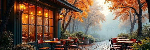 Jesień, Restauracja, Drzewa, Latarnie, Stoliki