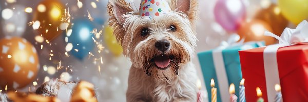 Balony, Yorkshire terrier, Urodziny, Prezenty, Czapeczka, Tort, Świeczki, Pies