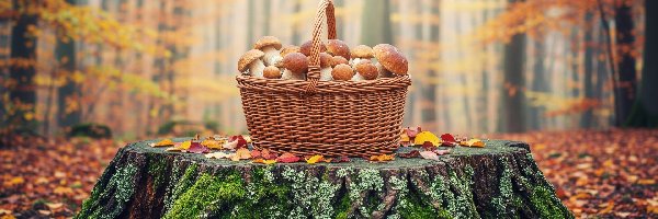 Drzewa, Kosz, Grzyby, Pniak, Jesień, Las, Liście