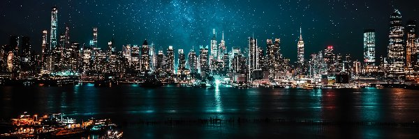 Niebo, Noc, Stany Zjednoczone, Nowy Jork, Rozgwieżdżone, Wieżowce, Miasto nocą, Rzeka Hudson
