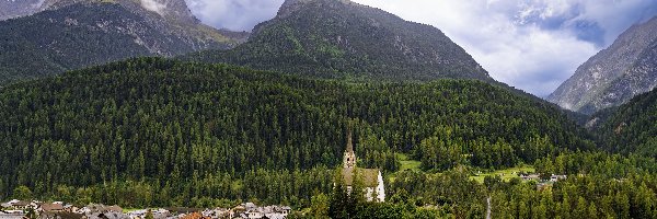 Alpy, Góry, Drzewa, Kościół, Domy, Szwajcaria, Miasteczko, Las, Wzgórza