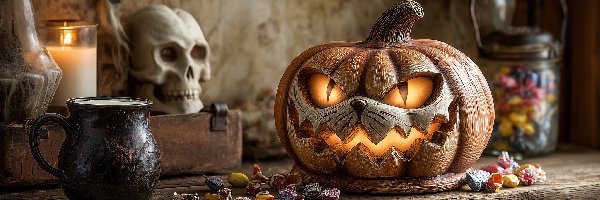 Dynia, Cukierki, Kubek, Grafika AI, Halloween