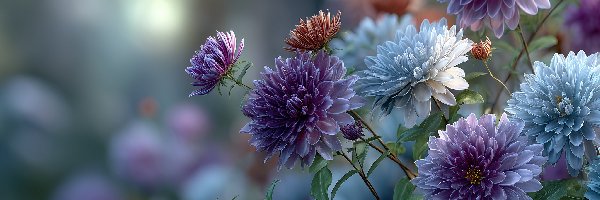 Grafika, Chryzantemy, Kwiaty, AI, Fioletowe, Niebieskie