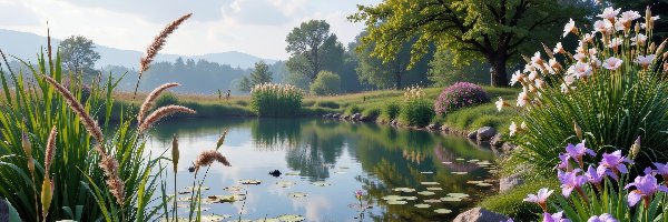 Kwiaty, Białe, Góry, Drzewa, Fioletowe, Kwitnące, Trawy, Staw