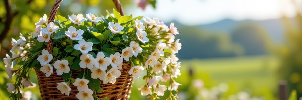 Kwiaty, Koszyk, Wiklinowy, Białe