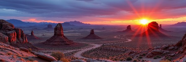 Droga, Arizona, AI, Kręta, Skały, Rośliny, Góry, Stany Zjednoczone, Zachód słońca, Monument Valley