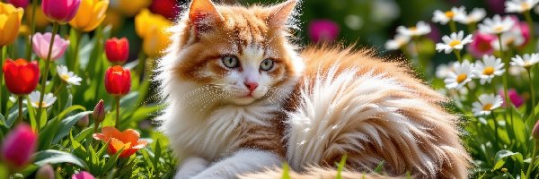 Kwiaty, Leżący, Trawa, AI, Rudo-biały, Kot