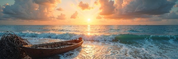 Morze, Plaża, Łódka, Zachód słońca, Fale