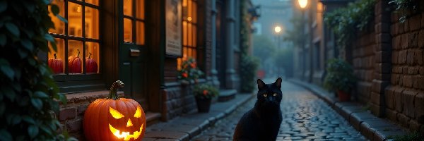 Ulica, Kot, Dynia, Grafika AI, Halloween