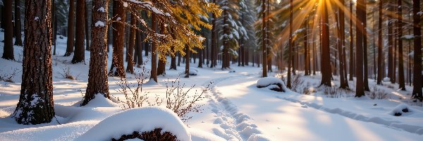 Zima, Drzewa, Las, Grafika AI, Promienie słońca