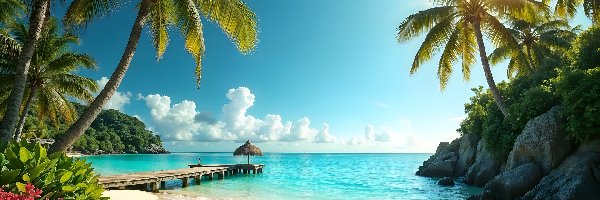 AI, Palmy, Skały, Plaża, Morze, Pomost, Roślinność