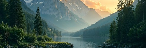 Drzewa, Wschód słońca, Mgła, AI, Jezioro, Góry