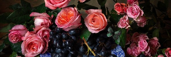 Różowe, Talerz, Róże, Winogrona, Czarne