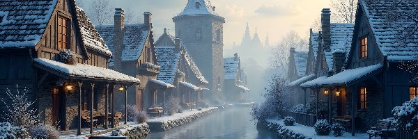 Kanał, Zima, Domy, Grafika AI, Mgła