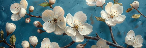 Niebieskie, Białe, Kwiaty, Tło, Drzewo owocowe, Gałązki