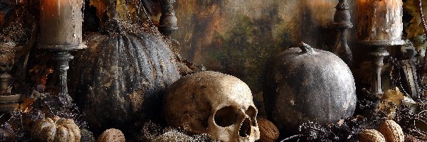 Halloween, Dynie, Świece, Grafika AI, Stare, Czaszki