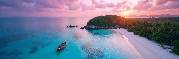 Łódka, Zachód słońca, Z lotu ptaka, AI, Plaża, Morze