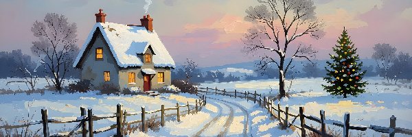 Oświetlona, Dom, Grafika AI, Drzewa, Ośnieżona, Droga, Ogrodzenie, Zima, Śnieg, Choinka