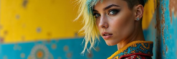 Kobieta, Koszula, Kolorowa, Fryzura, Asymetryczna