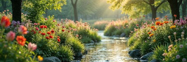 Drzewa, Słoneczny blask, Kwiaty, Strumień