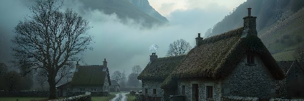 Wioska, Góra, Domy, Mgła, Zamek