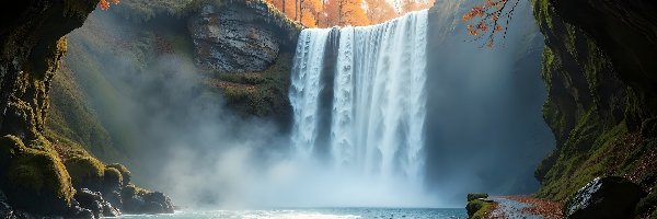 Jesień, Rzeka, Wodospad, Drzewa, Skały