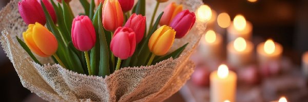 Kokarda, Tulipany, Tkanina, Świeczki, Kolorowe, Bukiet