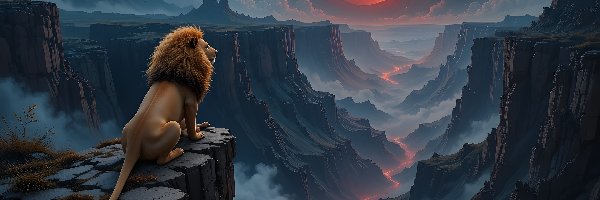 Grafika, Lew, Księżyc, Kanion, Skały, Góry