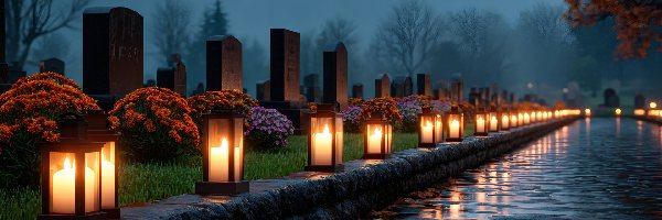 Zaduszki, Kwiaty, Groby, Grafika AI, Znicze, Cmentarz