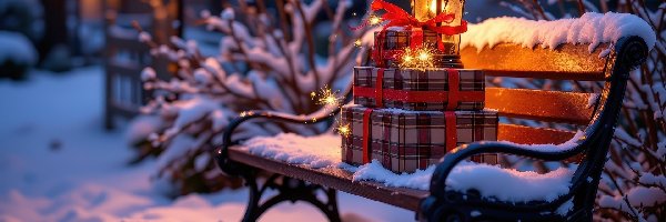 Śnieg, Ławka, Prezenty, Ośnieżona, Zima, Krzewy, Latarnie