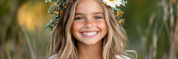 Uśmiechnięta, Blondynka, Dziewczynka, Kwiaty, Wianek