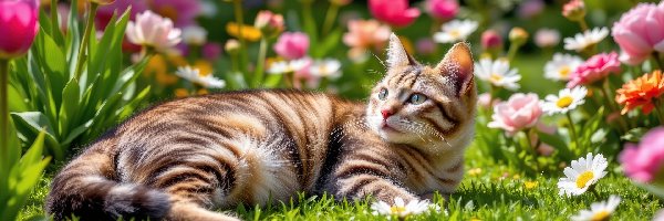 Leżący, Trawa, Kot, AI, Kwiaty