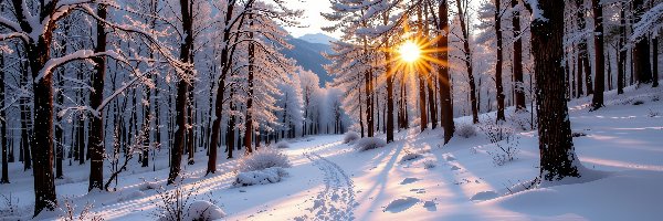 Promienie słońca, Ścieżka, Las, Grafika AI, Drzewa, Zima