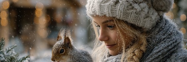 Wiewiórka, Czapka, Szal, Grafika AI, Warkocz, Kobieta