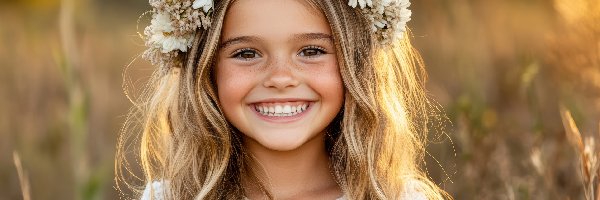 Uśmiechnięta, Blondynka, Dziewczynka, Wianek, Kwiaty