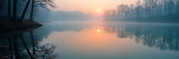 Mgła, Zachód słońca, Drzewa, Jezioro